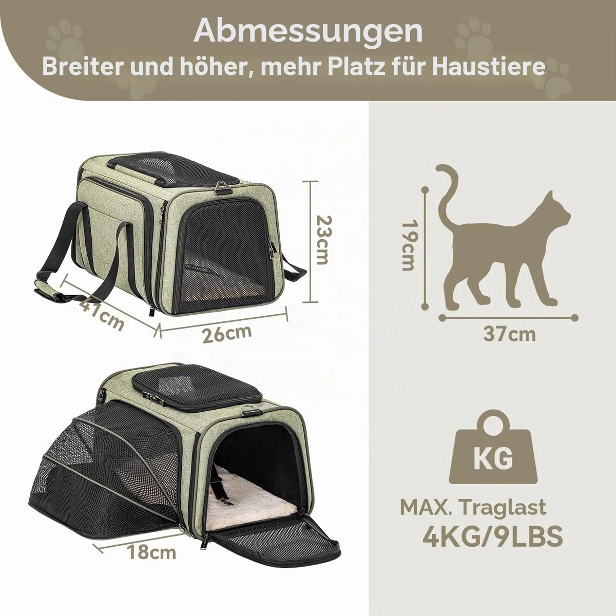 Petsfit Erweiterbare Haustier-Tragetasche, von Fluggesellschaften zugelassen, weiche Seiten, tragbare Katzen- und Hundetragetasche, mit abnehmbarer Plüschmatte, verschließbaren