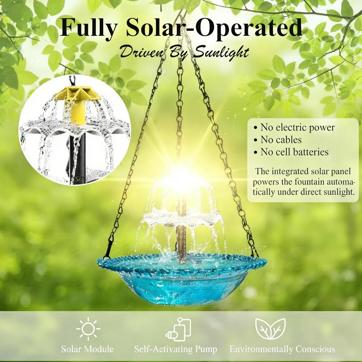 Solar Cascade Hängende Vogeltränke Brunnen Outdoor Hängende Vogeltränke mit Solarbrunnen Glasschale Solarpumpe Dekorative Gartenfunktion Zieht Kolibris an (Blau, A (Einzelstöckiger Brunnen))