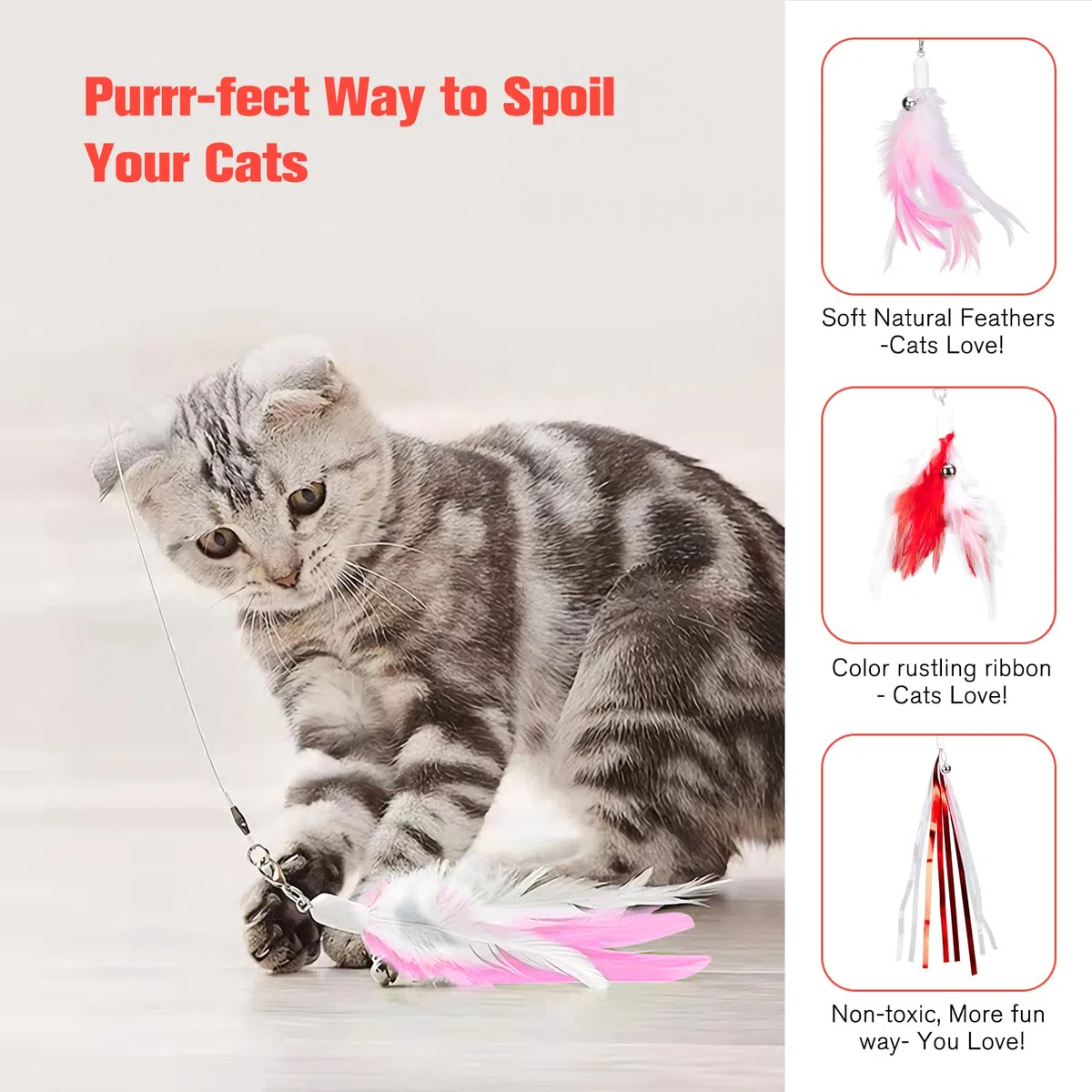 BEBOBLY 3-in-1 einziehbarer Katzenstab, Spielzeug für Indoor-Katzen, interaktives Feder-Katzenspielzeug Teaser Angelrute, 2 echte Federn und langes Band mit Glocken