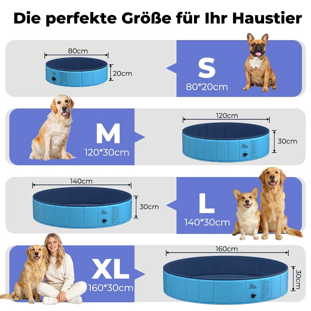 KYG Hundepool große Hunde 160x30cm – faltbar, stabil, rutschfest, einfache Entleerung, mit Ablassventil & 4 Flicken – Hunde Planschbecken für alle Hundegrößen, für den Außenbereich