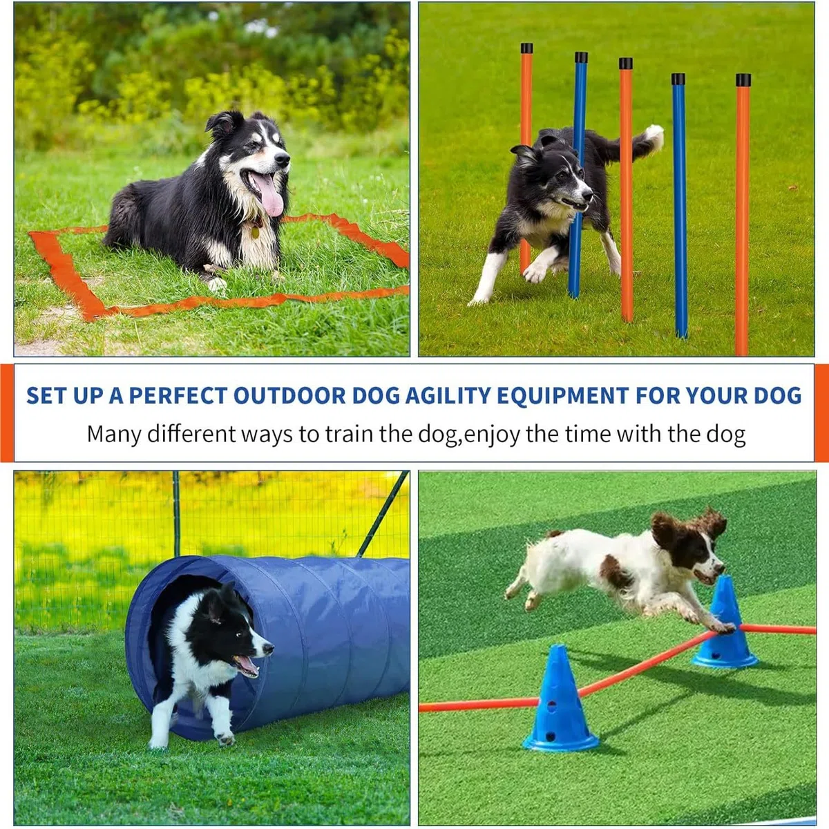 Agility Set Hunde Groß,Hindernisse Hobby Horsing,Agility-Trainingsausrüstung, Ausgestattet mit Hundetunnel,Hürden,8 Slalomstangen,2 Tennisballspielzeugen,Pausenbox, Markierungsstäben,3 Kurzen Stangen