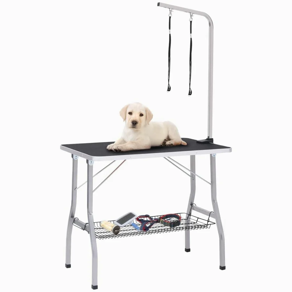 Verstellbarer Trimmtisch für Hunde und Katzen mit 2 Schlaufen, klappbar, mit Korb zur Fellpflege, Krallenpflege, Haarentfernung, Pflege von Welpen und Kleintieren, ideal für Bürste