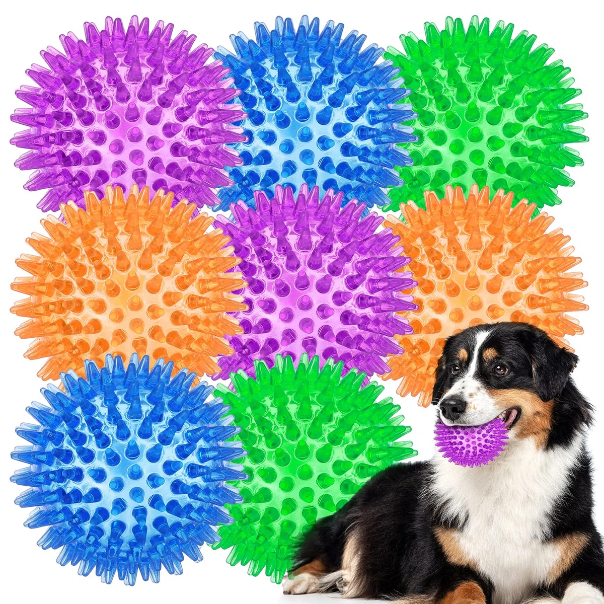 ME.FAN 8,9 cm Quietschende Hundespielzeugbälle [8 Stück] Stachelige Hundebälle/Welpen-Kauspielzeug zur Reinigung von Zähnen und Zahnfleisch-Gesundheit/Quietschball-Spielzeug für aggressive Kauer
