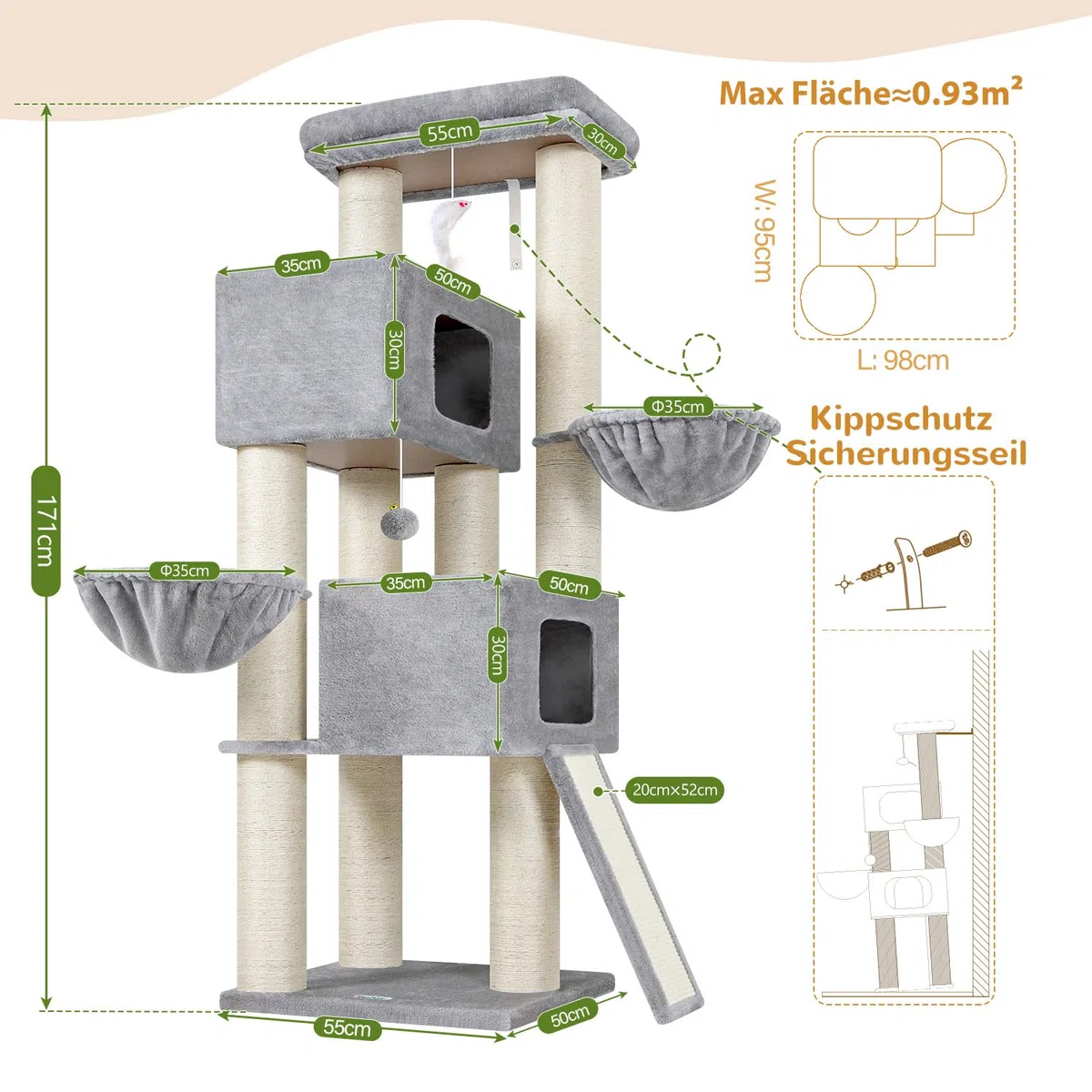 Globlazer Kratzbaum Dicke Stämme 11CM für Große Katzen mit 2 Extragroß Katzenhaus 50*35*30cm, Ausreichend Kratzflächen, Plattform Liegebereich, 170CM Kratzbaum Grosse Katzen Stabil (S67, Hellgrau)