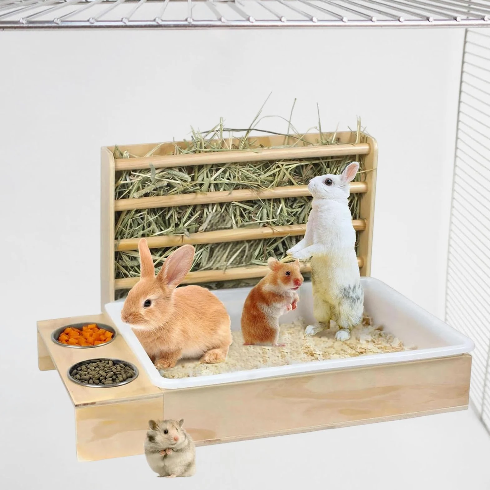 Kaninchenfuttertrog mit Katzenklo, Näpfen Und Tränke, Hölzerner Kaninchenfuttertrog für