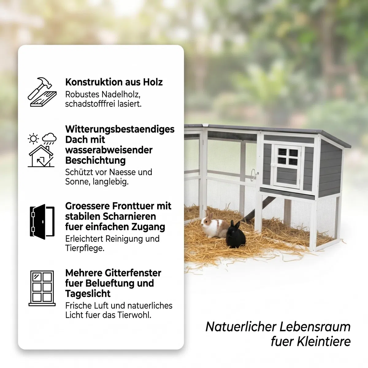 Mucola Kleintierstall Kaninchenstall mit Freilaufgehege 251x190,5x104 cm | 2 Etagen mit 2 Rampen, 2 Stallkammern, wetterfestes Fichtenholz Grau Weiß, bodenfreier Auslauf, auch für Hühner geeignet
