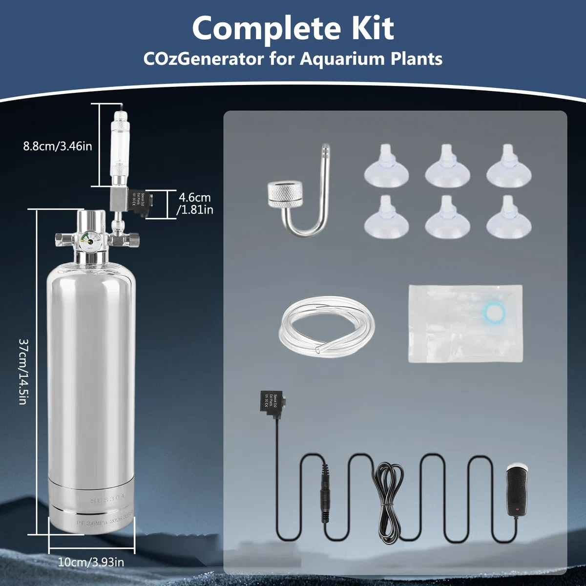 2L CO2 Anlage Aquarium Komplett-Set, Edelstahl 2kg CO2 Flasche Generator | Aquarium Kohlendioxid Reaktor Kit mit Magnetventil, Diffusor, Visueller Blasenzähler für Aquarienpflanzen Pflanzenwachstum