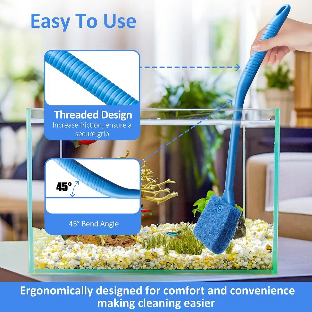 Aquarium-Reiniger mit fünfseitiger Schwammbürste und langem Griff, Aquarium-Schrubber, Alage-Schaber für Glasaquarien, Terrarien, Zuhause, Küche (3er-Pack)