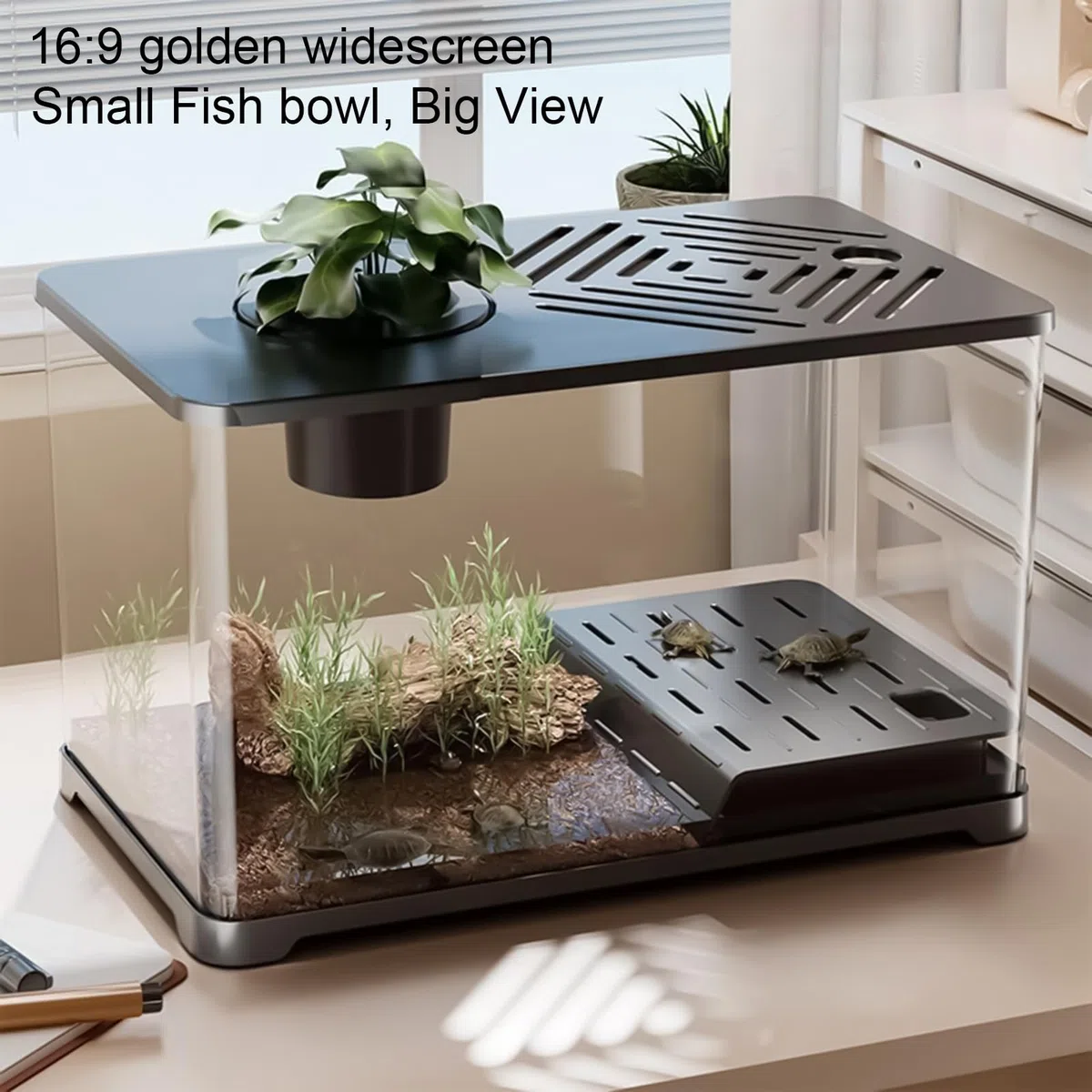 Fischbecken Großes Aquarium-Set Schreibtisch Fischbecken | Panorama Sichtbecken Mit Schildkröten Ruhebereich Für Guppy Garnelen Quallen Und Wasserpflanzen Als Schreibtisch Deko