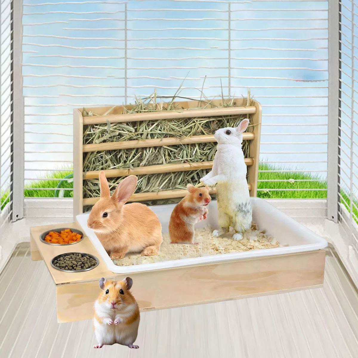 Kaninchenfuttertrog mit Katzenklo, Näpfen Und Tränke, Hölzerner Kaninchenfuttertrog für