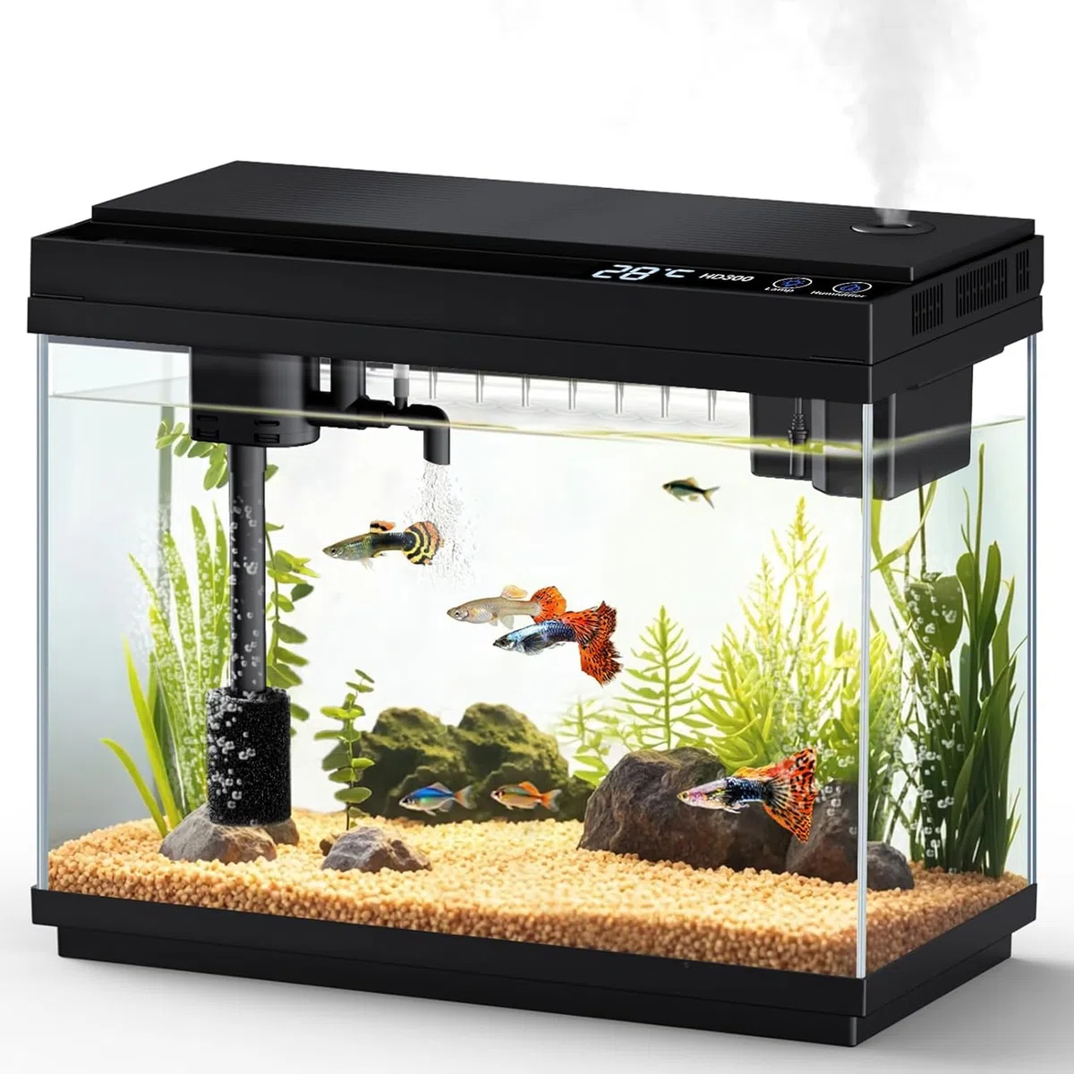 fishkeeper 9L Nano Aquarium Komplettset, 4-in-1 Mini Aquarium Starterset mit LED, Smart-Aquarien Selbstreinigende Pumpe & Filter, Klein aquarien set komplett mit Aromatherapie, Temperaturanzeig, Timer