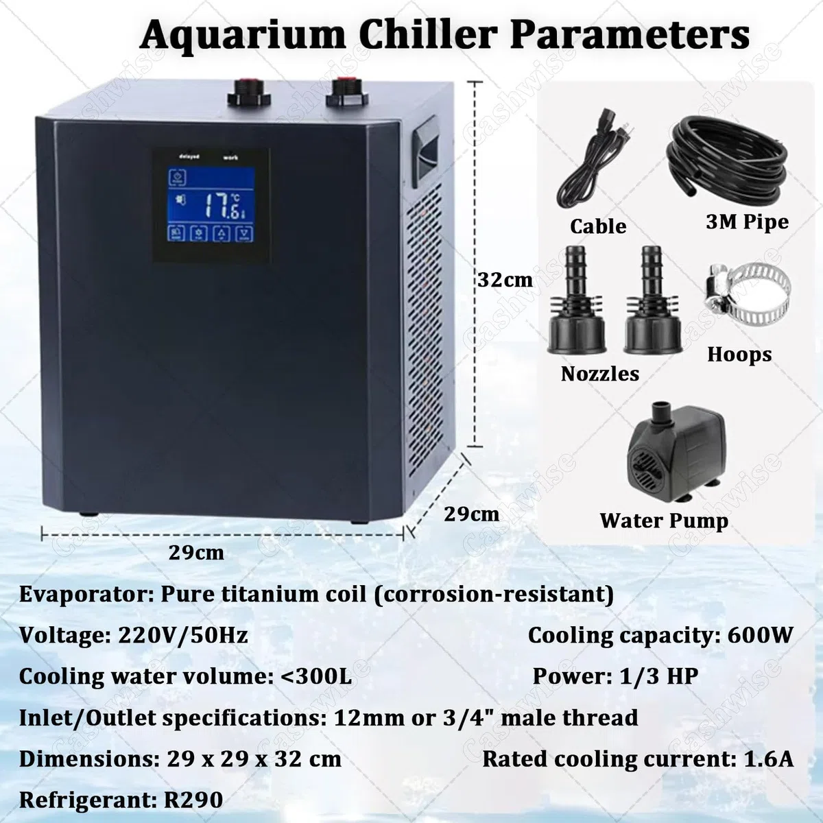 Aquarium Chiller 1/3HP Wasserkühlsystem für Aquarien, Hydrokultur, Axolotl & Quallen, mit LED-Anzeige, Pumpe & Rohr, effiziente Wassertemperaturregelung