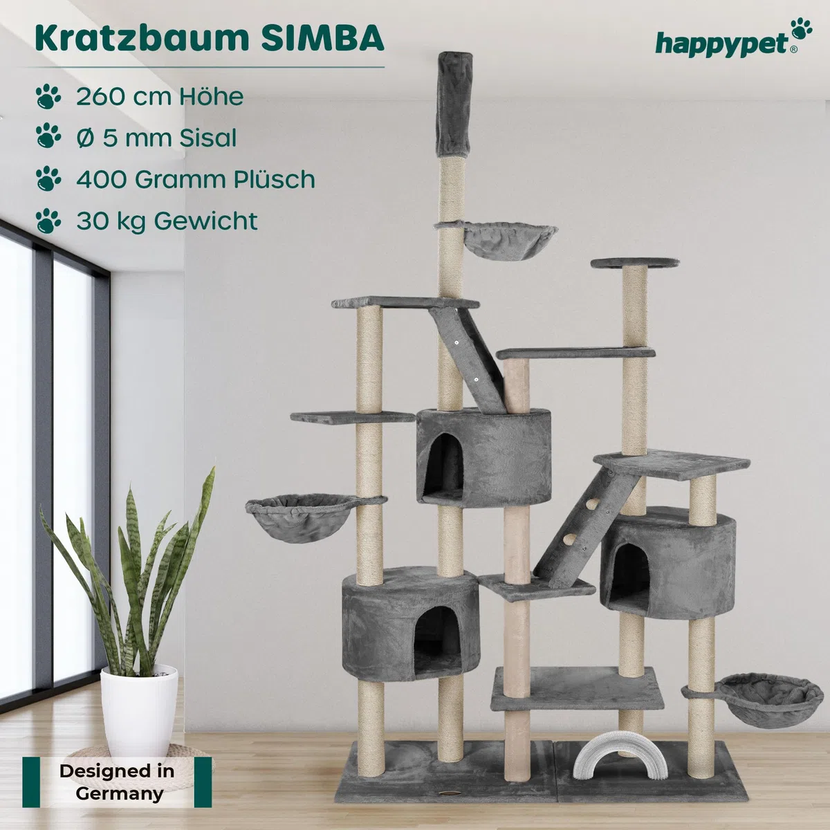 HAPPYPET XXL Kratzbaum Simba deckenhoch 260 cm - Kletterbaum Paradies, Extra Breit, Höhlen, Liegemulden, Großer Katzenbaum Stabil für Katzen, 9 cm Säulen, viel Zubehör