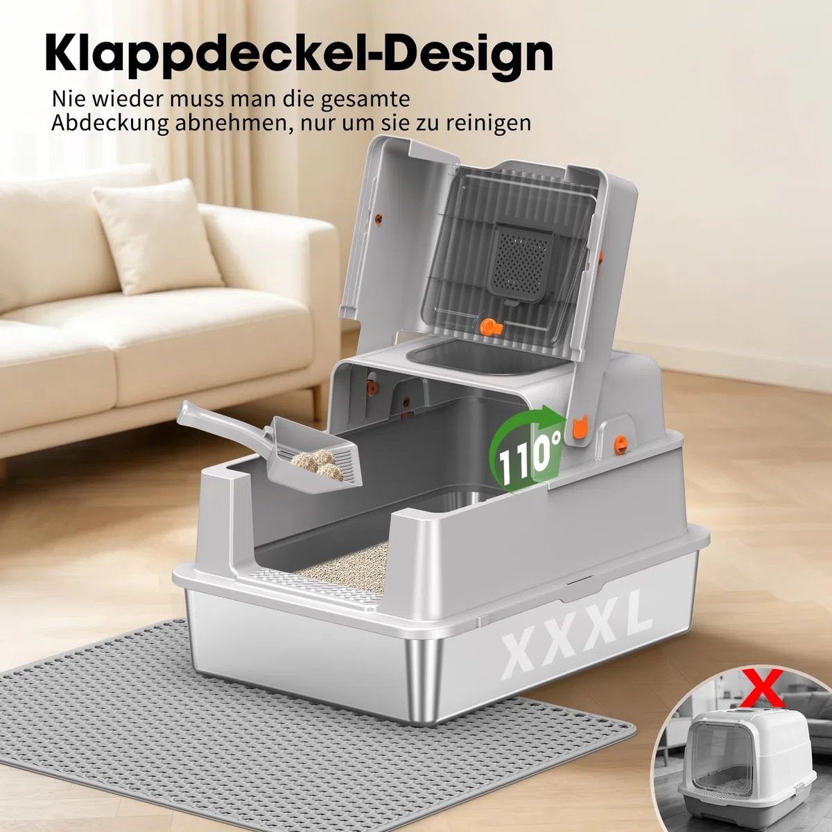 Edelstahl Katzentoilette mit Deckel, XXXL Katzenklo für große Katzen, geschlossene Katzenstreu Box mit Geruchsfilter & Doppeltür, leicht zu reinigen, antihaftbeschichtet, langlebig, Hellgrau