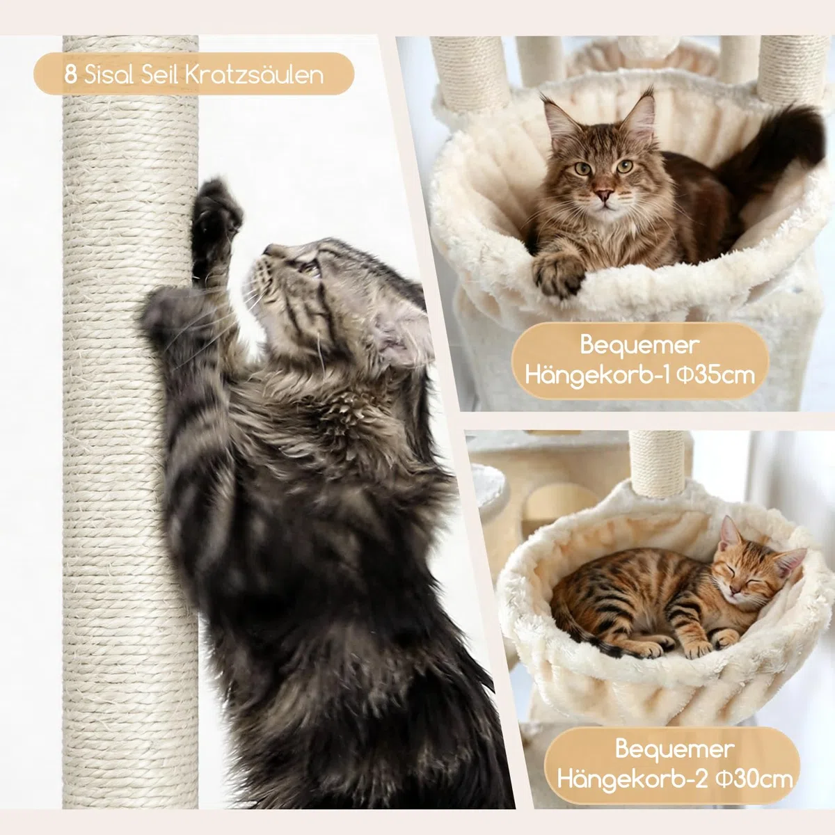 Globlazer S82 Kratzbaum Beige Groß XXL Stabil 210cm für Mehrere Groß Katzen | Luxus Katzenbaum mit mit 2 Katzenhaus, Große Plattform, 3 Korb, Sitzstangen, für 3-5 Große Katze Ausruhen Spielen Kratzen