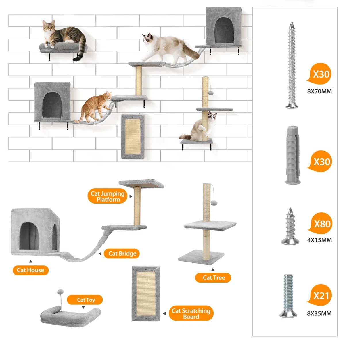 Nobleza Kletterwand Katzen 6 Set, 2 Katzenhäuser mit stabilen Kratzsäulen, Hängebrücke & festem Kratzbrett - Stabiles Katzen wandelemente für Schlafen, Spielen, Lounging bis 10 kg