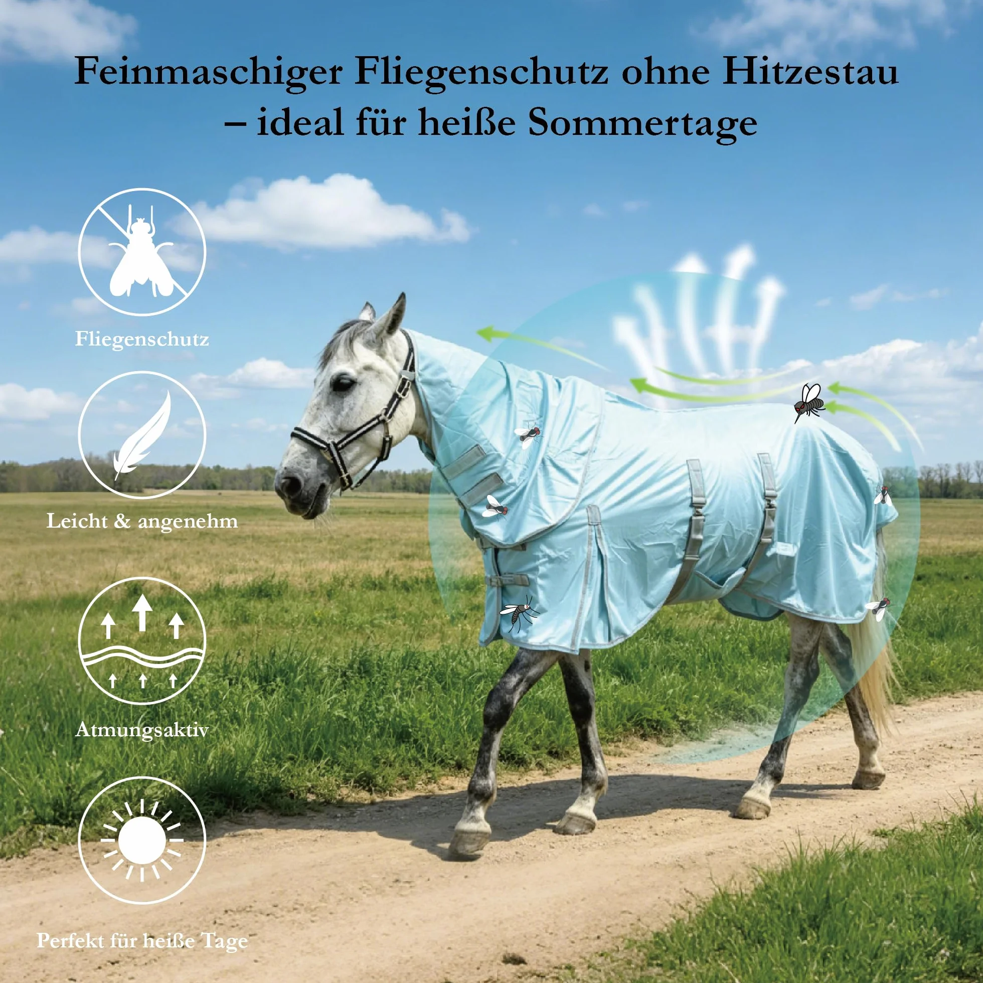 Fliegendecke Pferd mit abnehmbarem Halsteil & Bauchlatz, atmungsaktiv, UV-Schutz, reißfestes Mesh, Sommerdecke 150 cm
