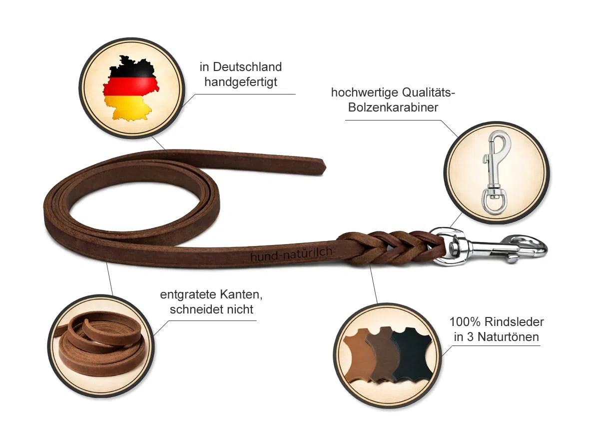 Fettlederleine Schleppleine aus Leder für Hunde 5m, 7,5m, 10m (7.5m x 8mm braun Chrom)