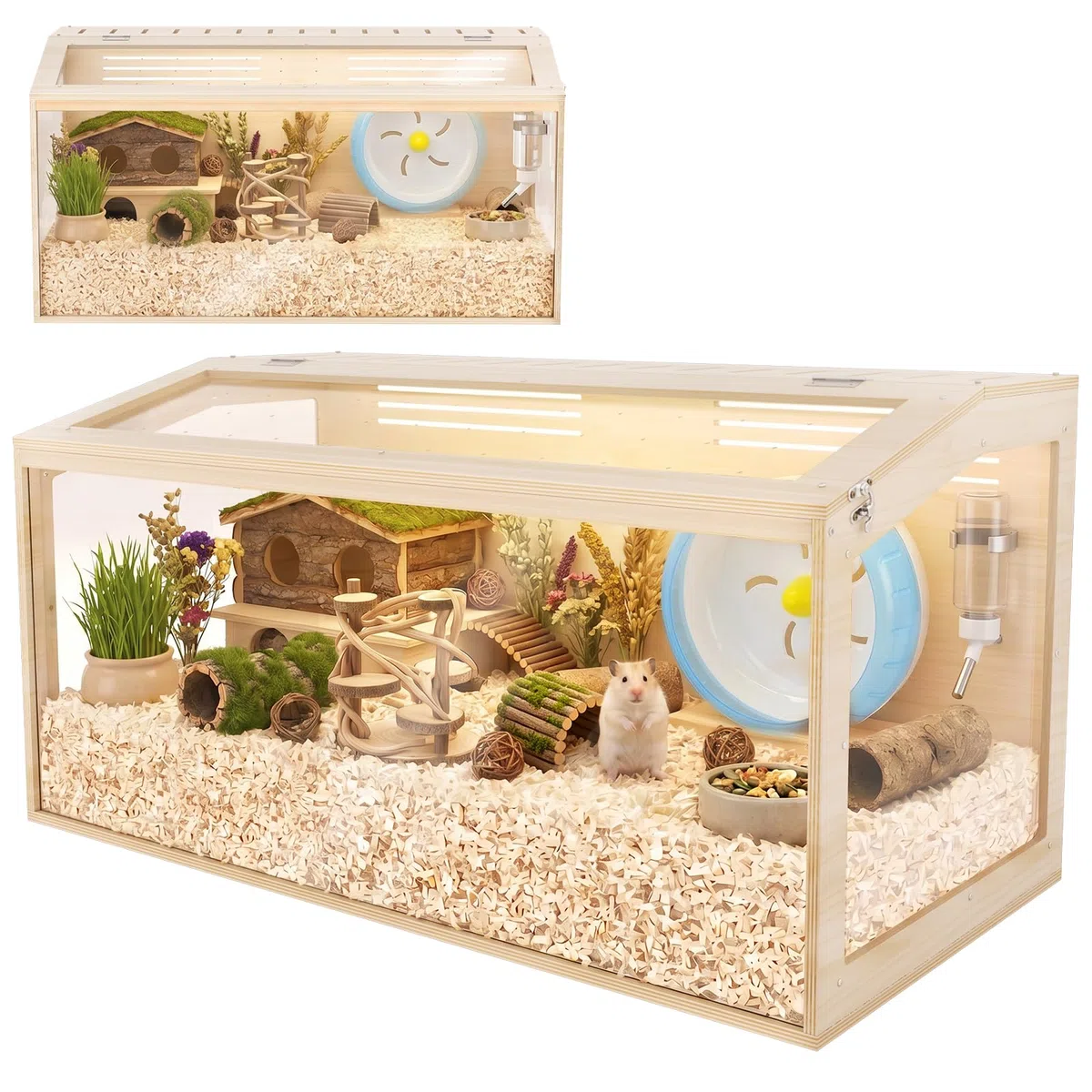 X XBEN Großer Holz-Hamsterkäfig, mit öffnbarem Dach & Mehrfachbelüftung | Geräumiges Acrylglas-Nagarium für Zwerghamster, Nager, Mäuse, Kleintiere, Natürlicher Holzrahmen, 80Lx 40W x 40H CM （0.13m³）