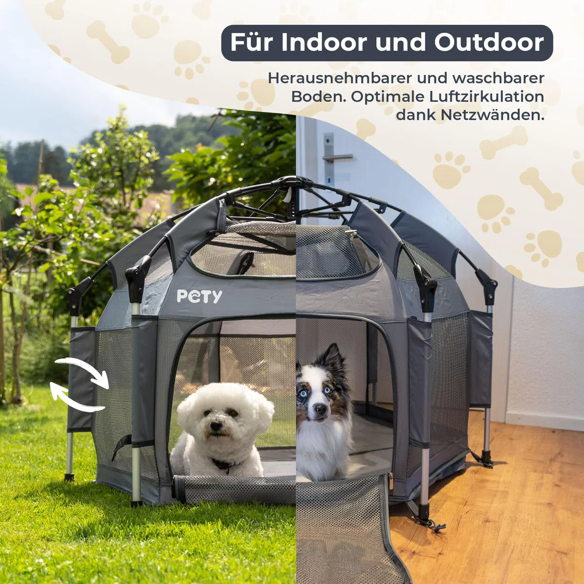 PETY Laufstall für Hunde - 100 x 60 cm mobiles Hundezelt mit Tragetasche und Heringen - Outdoor und Indoor Tiergehege - Hunde Reisezubehör für Camping – Anthrazit