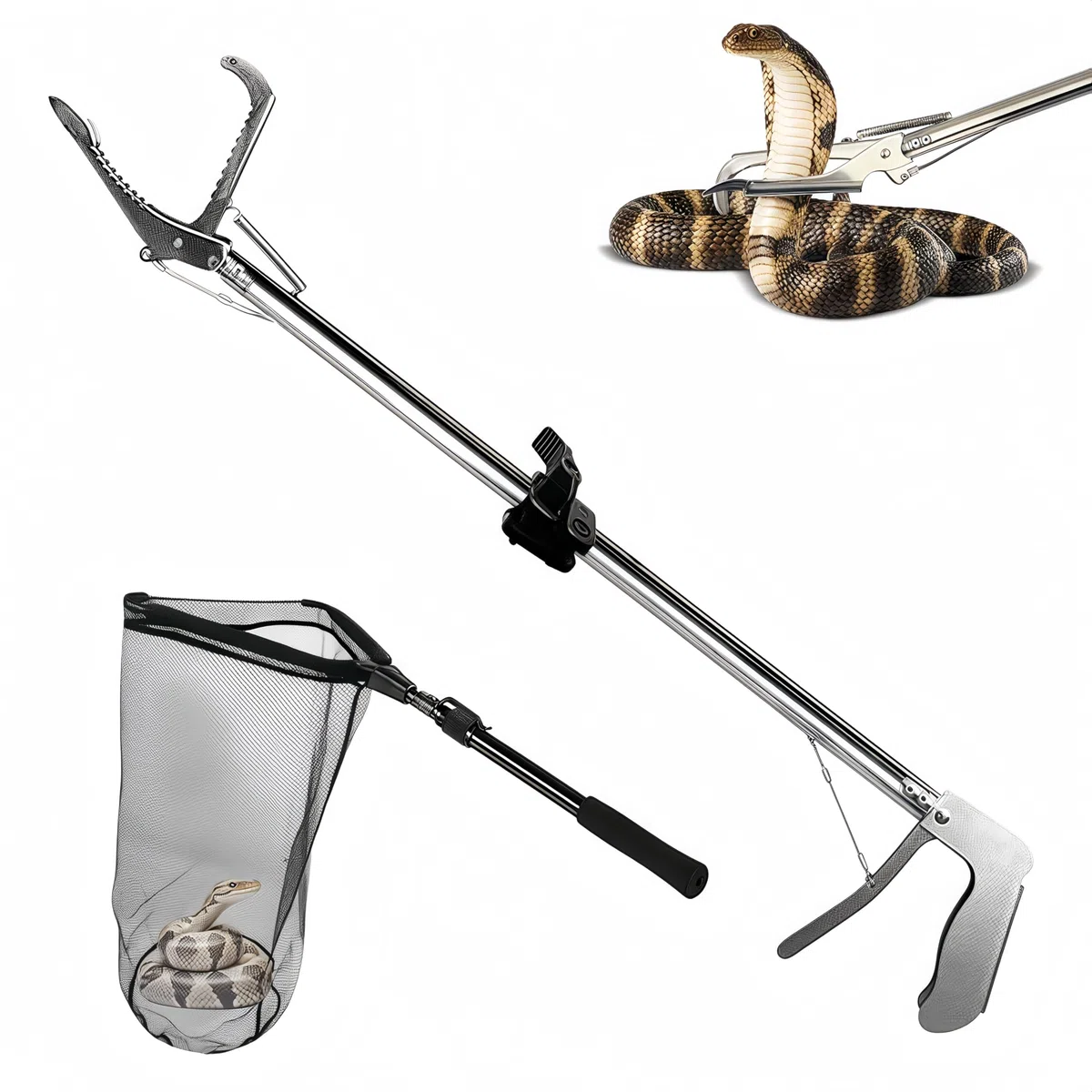 Schlangenfangnetz mit Teleskopgriff, Werkzeuge zum Umgang mit Schlangen und Reptilien, zum Entfernen und Auffangen von Schlangen in die Netztasche (74,9 cm lange Schlangenzange und