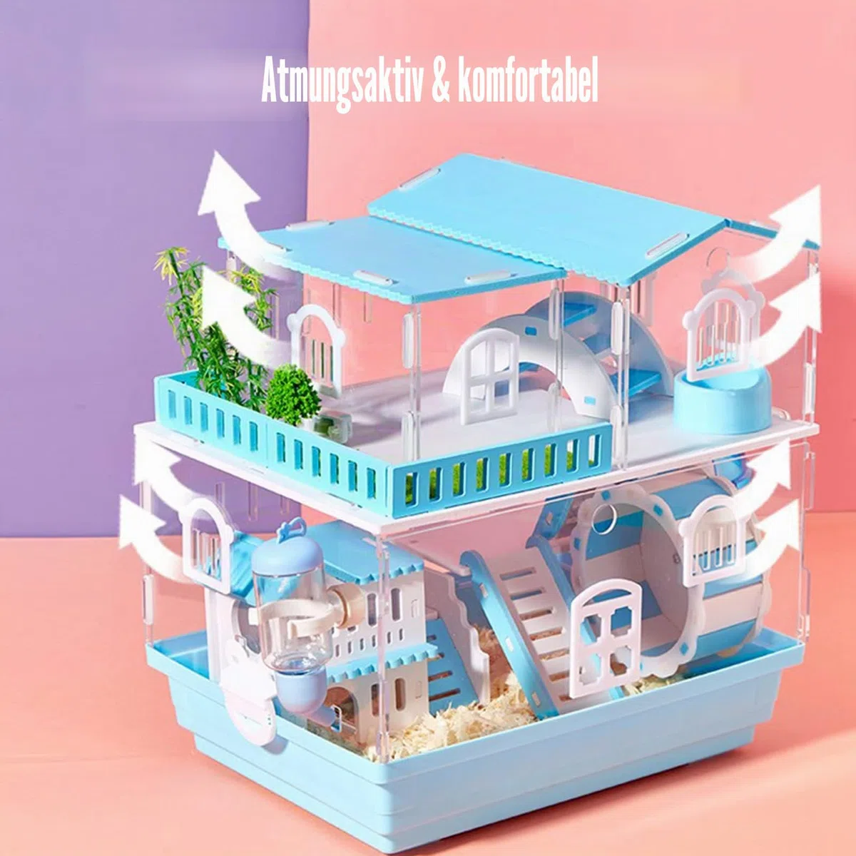 Hamsterkäfig für Hamster Zwerghamster Syrian Habitate für Kleintiere 3 Ebenen Hamsterkäfig aus Acryl komplett transparent mit Spielzeugsets (3 Schichten) ((Pink)