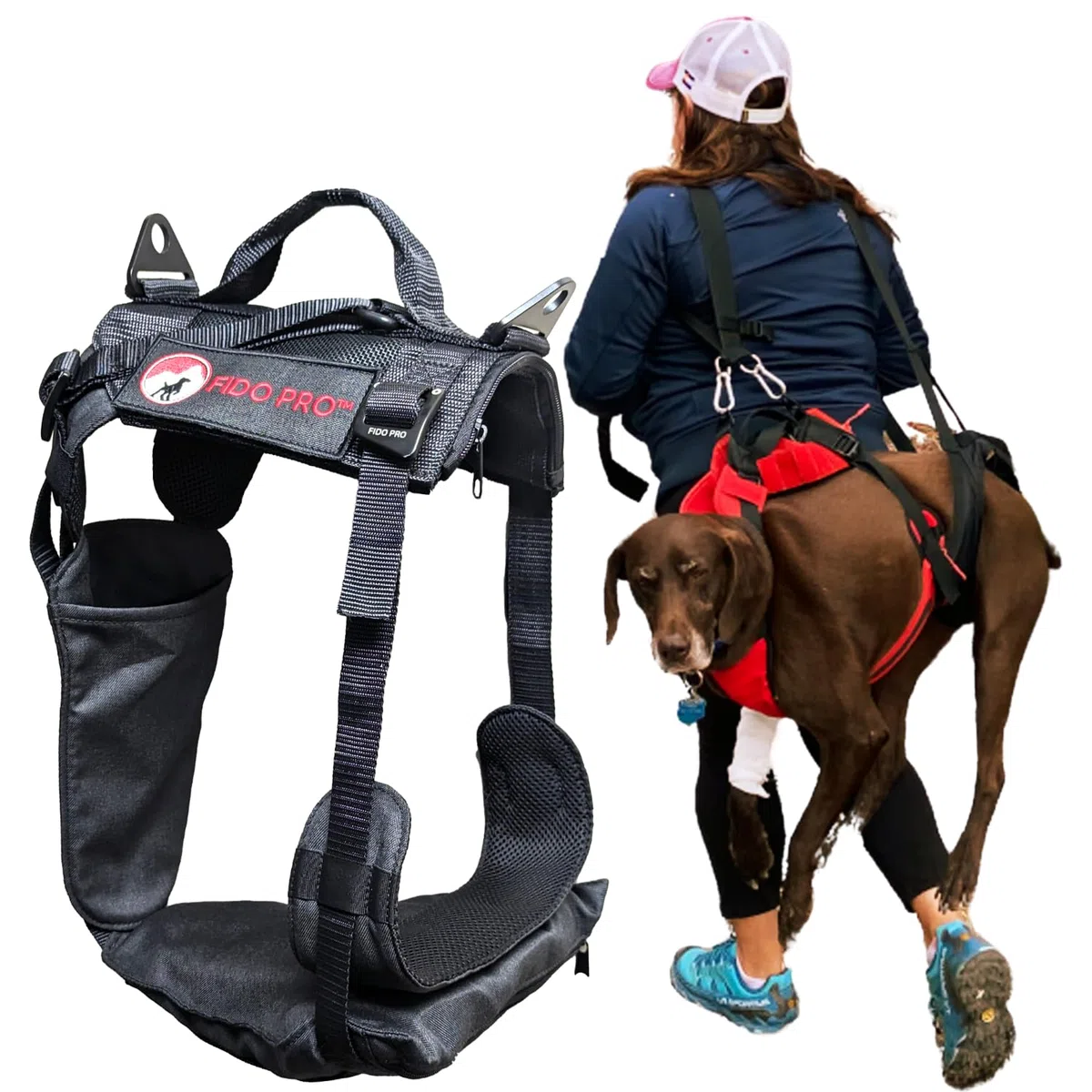 Fido Pro Panza Harness V2 mit ausklappbarem Rettungsgurt für Hunde - Mittel bis Extra-Large, mit Taschen, Kletterverschlüssen und Tragegriff - Hundewander-Ausrüstung - Für Hunde von 14-68 kg (Schwarz)