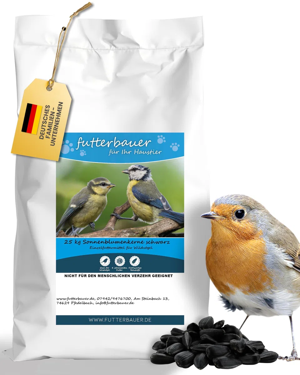Futterbauer 25 kg Schwarze Sonnenblumenkerne im Papiersack für Vögel, 100% Natur, Hochwertige Energiequelle für Wildvögel, Hoher Fett- & Vitamin-E-Gehalt, Gereinigt & Getrocknet mit Schale, Ernte 2025