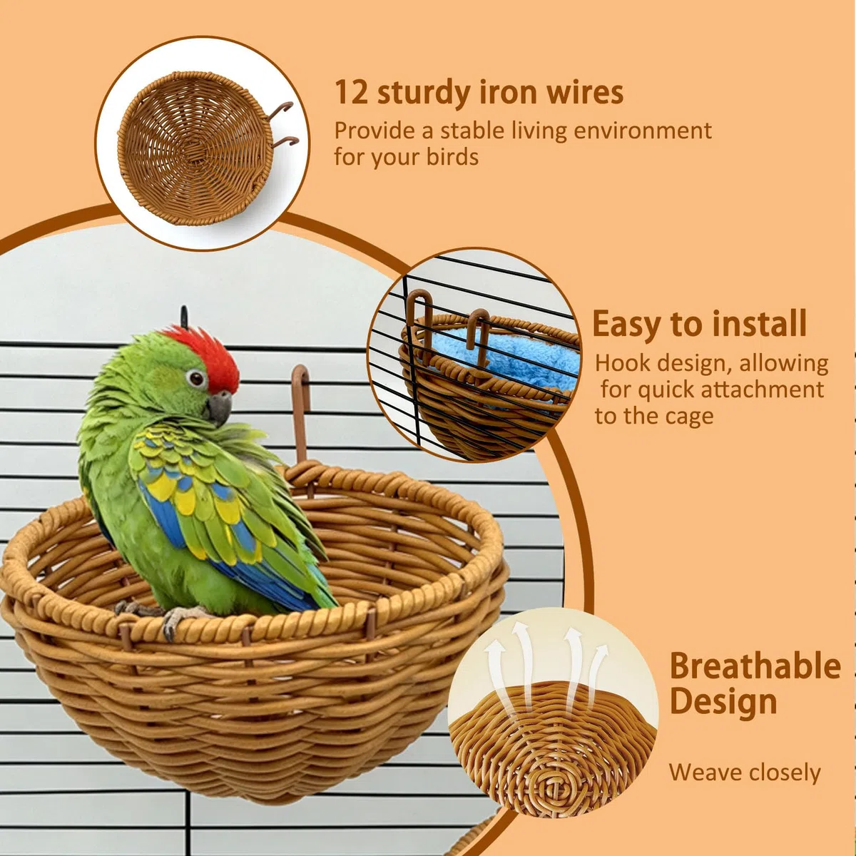 Rattan-Vogelnest für Käfig, 2 Stück, zum Aufhängen, waschbar, weich, warm, Schlafhütte, Vogelkäfig, Zubehör für Nymphensittiche, Wellensittiche, Finken, Kanarienvögel