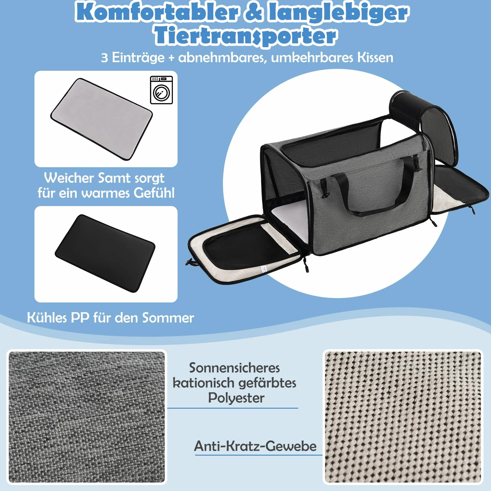 GYMAX Katzen Transportbox, Hunde Tragetasche mit Katzenrucksack & Teleskopgriff, Transporttasche mit Rädern & stabile Plattform, Haustier-Reiseträger für kleine & mittelgroße Haustiere, Grau