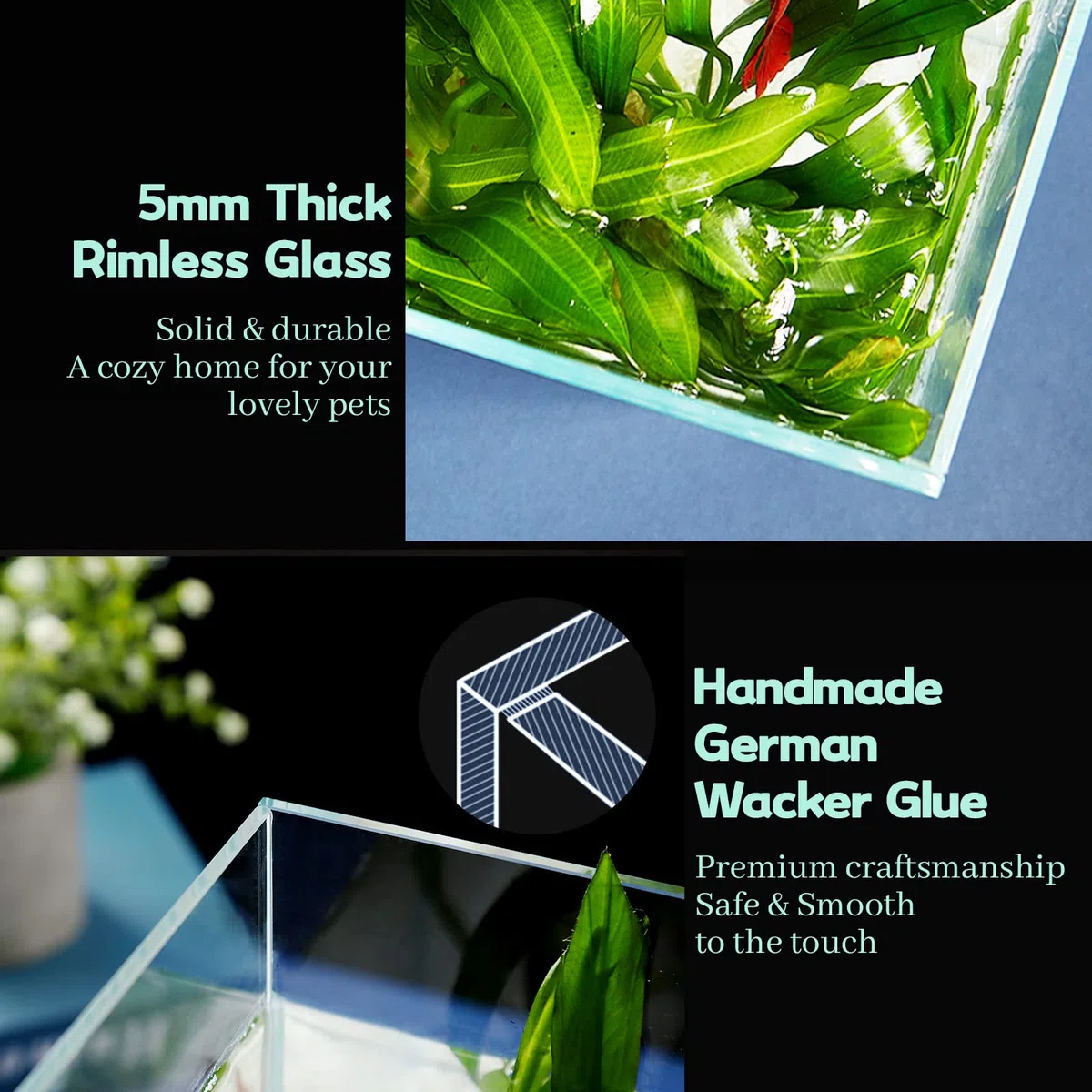 LAQUAL Aquarium, 30,5 l, ultraklares Glas, randlos, eisenarm, für Betta/Nano/Goldfisch/Schnecke/Garnelen, großes Aquarium, Abdeckungs-Set, Futterring und Reinigungswerkzeuge