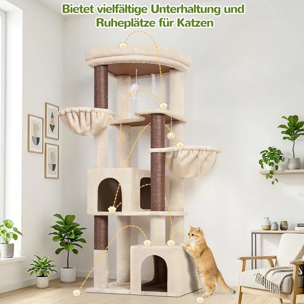 Globlazer Kratzbaum Beige Stabil für Große Katzen 163 cm Eckkratzbaum C64 | Stabil Katzenbaum mit Extragroß Gepolsterte Plattform 2 Große Katzenhäuse 2 Katzenkorb für Erwachsene Katzen, Maine Coon
