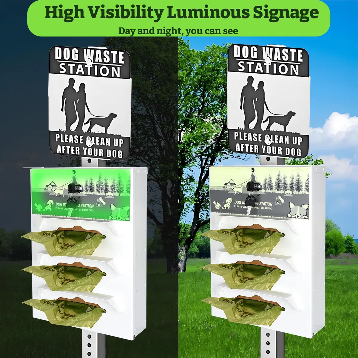 Hundekotbeutelspender aus Metall, Wandhalterung – 600 Rollbeutel im Lieferumfang enthalten | Pet Waste Station Pet Waste Bag Dispenser with Pick Up After Your Dog Schild (leuchtet im Dunkeln)