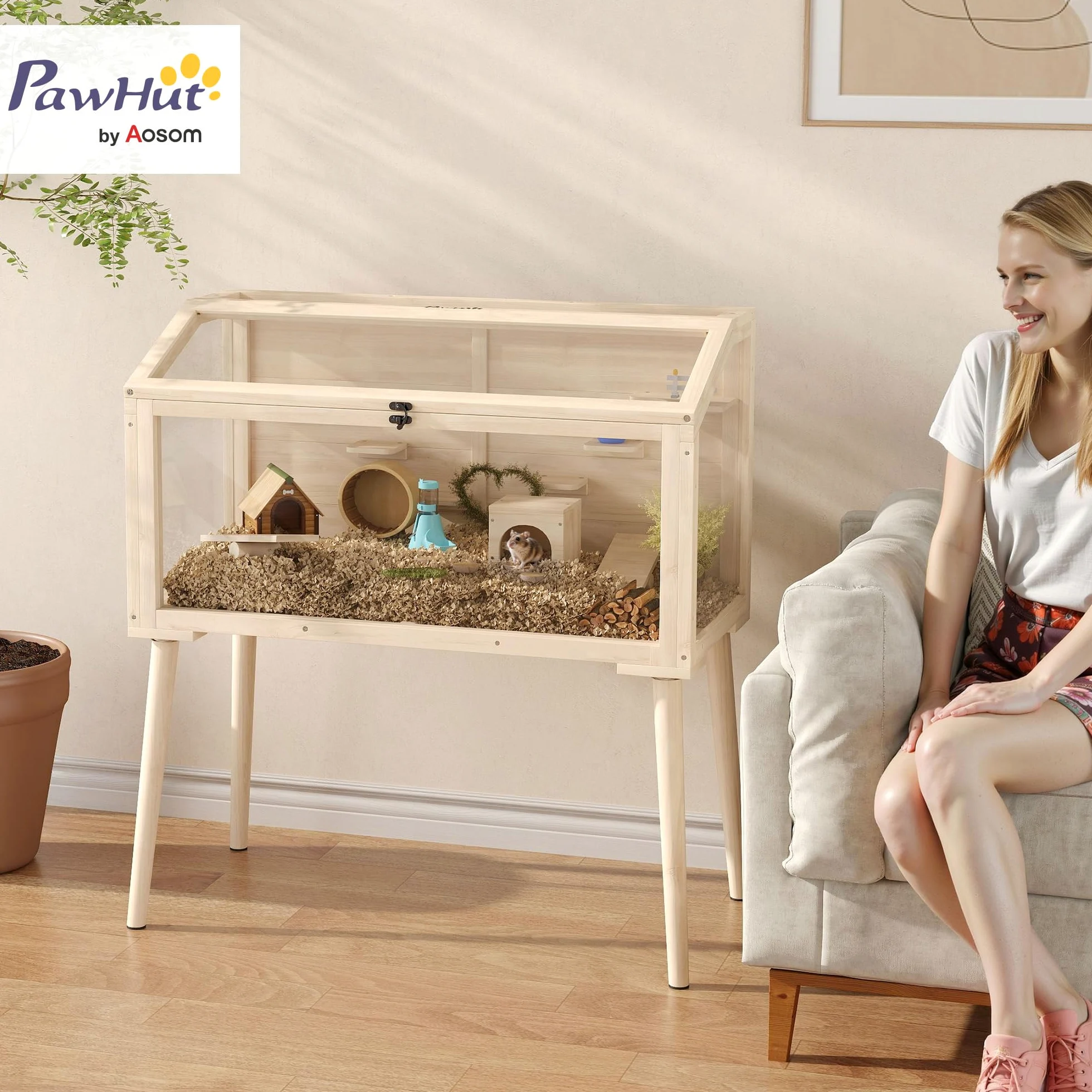 PawHut Hamsterkäfig mit Wippe für Hamster 110 x 52 x 101 cm Naturholz | Zwerghamstergehege, Kükenaufzuchtbox, Wasserflasche, Oberer Tür, Massivholzbeine, Kleintierstall, für Hühnchen Vögel
