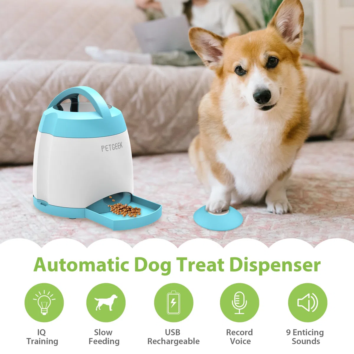 PETGEEK Hundefutterspender-Spielzeug, Leckerli-Dosierung Hundespielzeug für IQ-Training, interaktives Puzzle-Spielzeug, um sie zu beschäftigen, 3000 mAh über USB wiederaufladbarer Leckerli-Spender mit