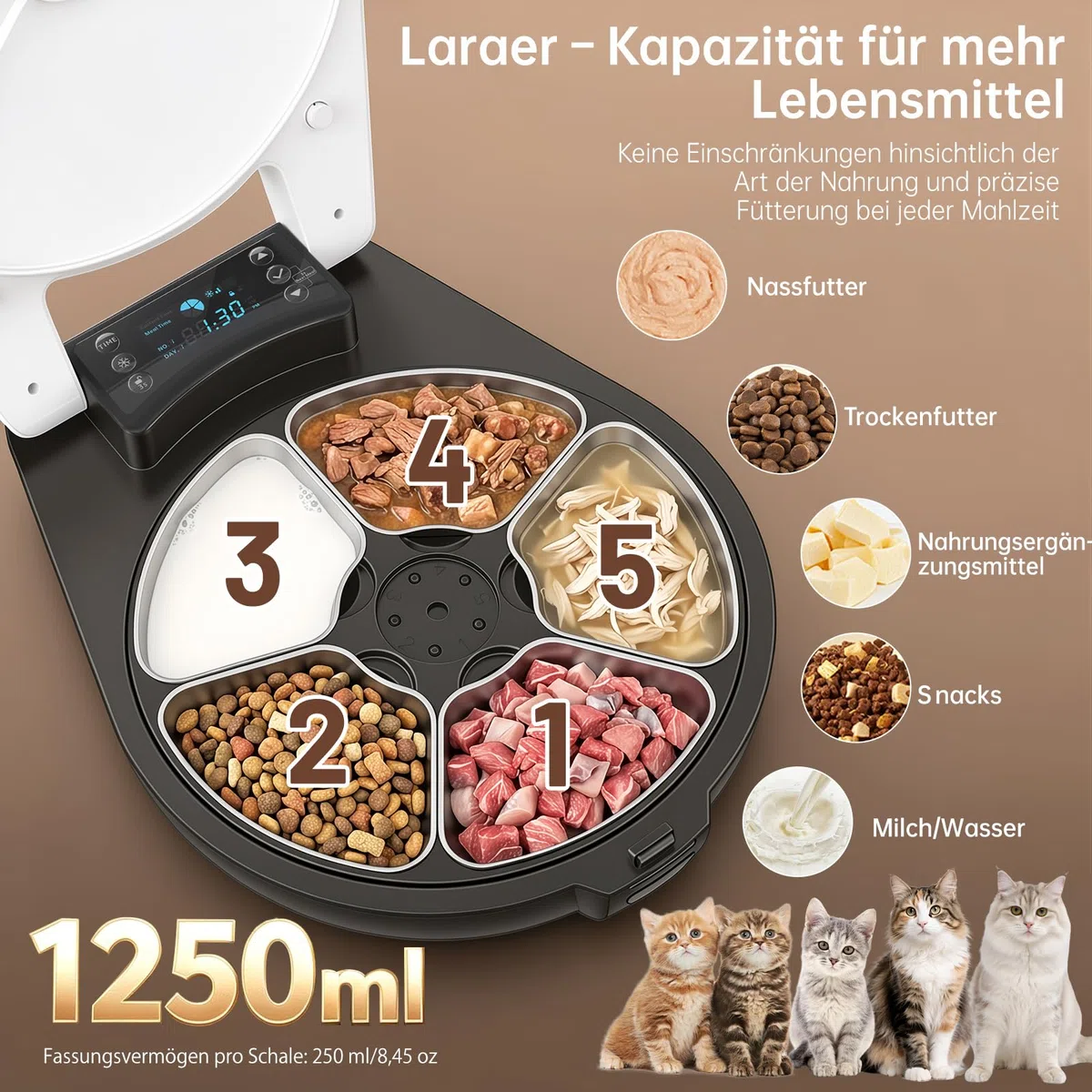 Futterautomat Katze Nassfutter mit Halbleiter-Kühlung & Heizung, 3 Tage Frisch Nassfutterautomat für Katzen, Programmierbarer Futterautomat für 5 Mahlzeiten, 304 Edelstahlschalen Leicht zu Reinigen