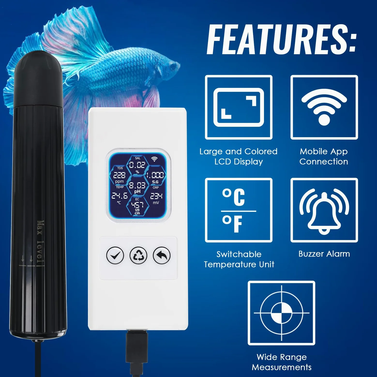 Smart 7-in-1 Aquarium-Wasserqualitätsmonitor mit WLAN, pH ORP TDS EC Salinity Temp Tester - Farbdisplay, App-Steuerung, Echtzeit-Benachrichtigungen, ATC, austauschbare Sonde, alle Tankgrößen