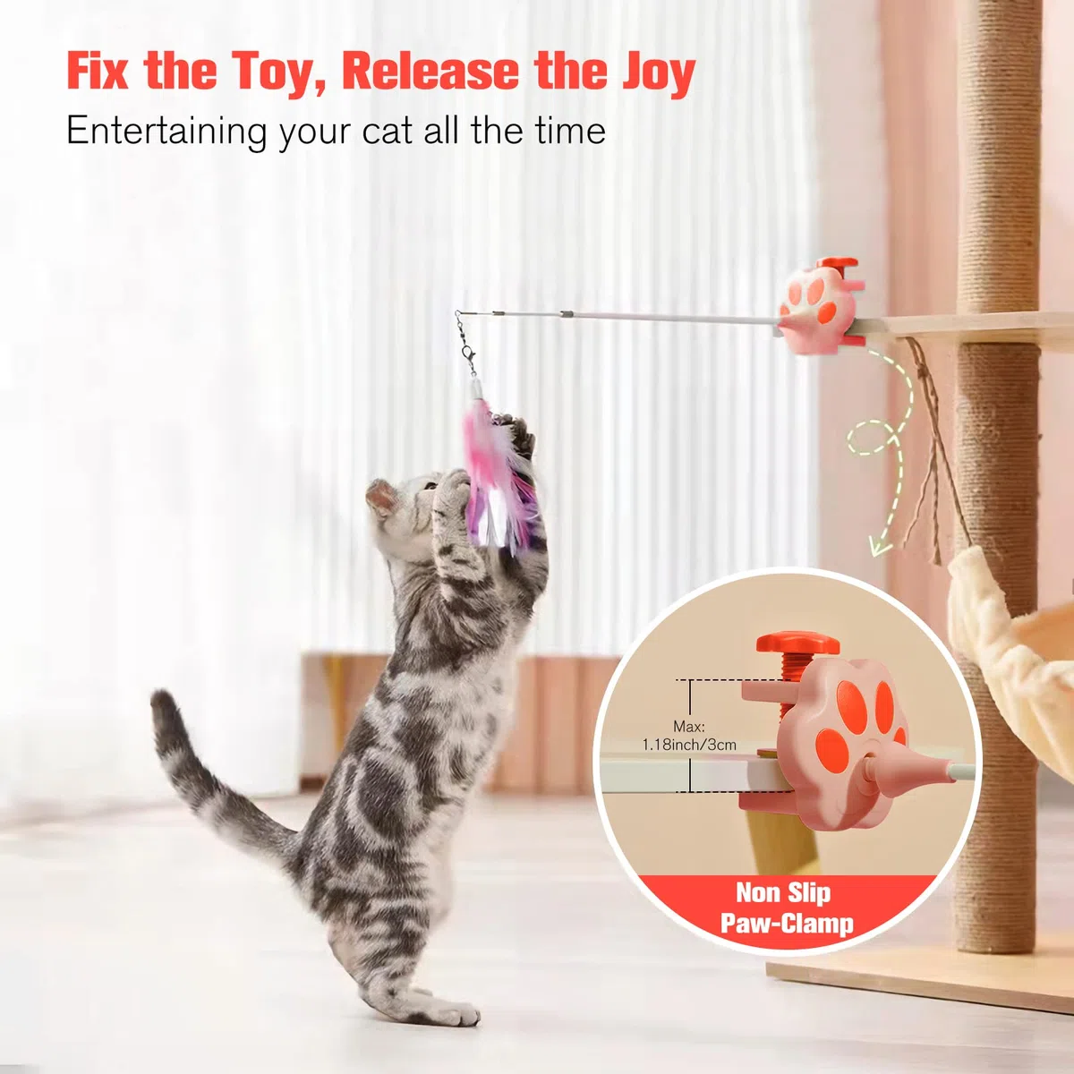 BEBOBLY 3-in-1 einziehbarer Katzenstab, Spielzeug für Indoor-Katzen, interaktives Feder-Katzenspielzeug Teaser Angelrute, 2 echte Federn und langes Band mit Glocken