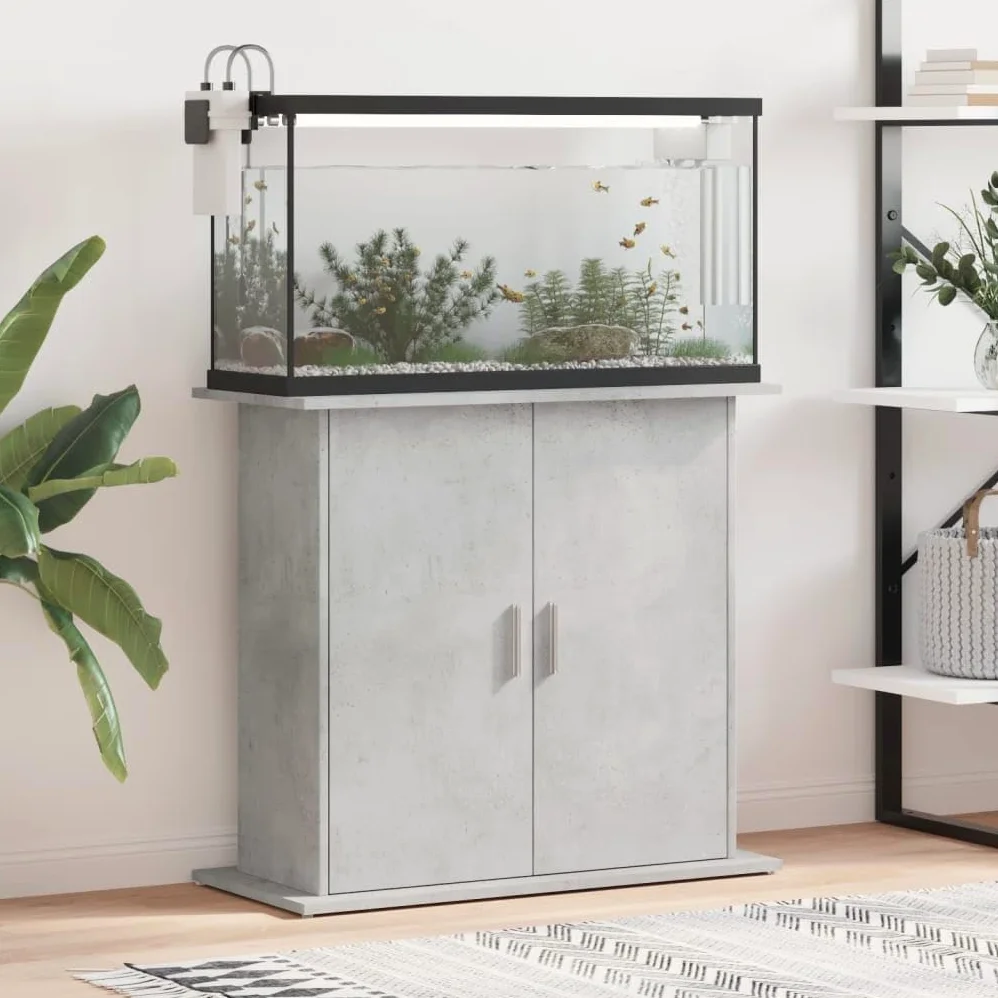 Aquariumständer Betongrau 81 x 36 x 73 cm Holzwerkstoff | 4 Türen Stauraum, Feuchtigkeitsbeständig, Stabile Konstruktion, Inklusive Wandbefestigung
