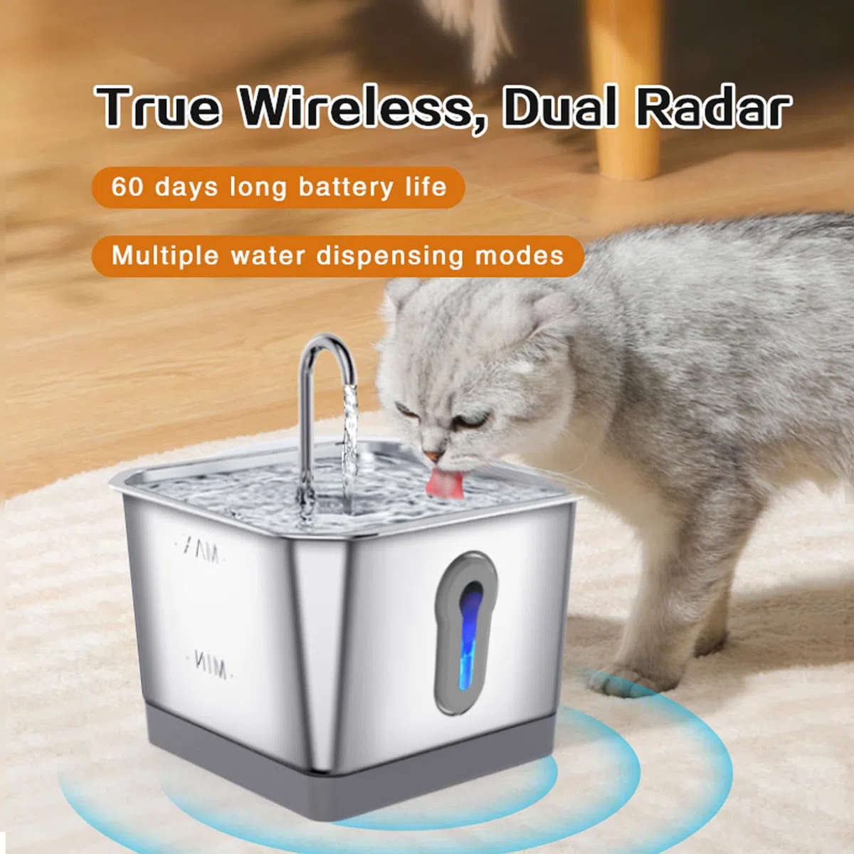 Bewinner Smart Katzenbrunnen – 3,5 L Kabellos Edelstahl Katzen Trinkbrunnen, Leiser Automatischer Cat Water Fountain mit Aktivkohlefilter für Haustierbrunnen