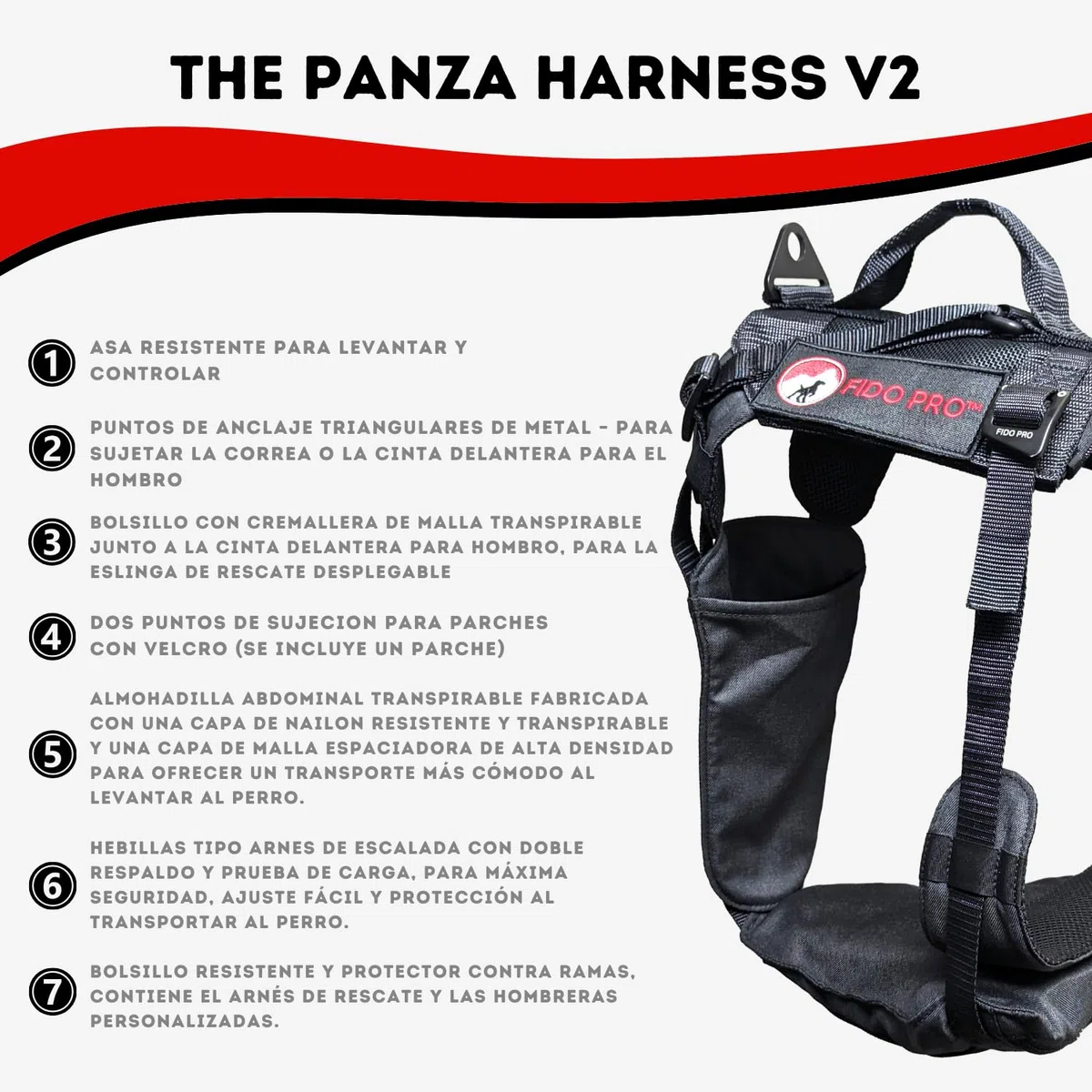 Fido Pro Panza Harness V2 mit ausklappbarem Rettungsgurt für Hunde - Mittel bis Extra-Large, mit Taschen, Kletterverschlüssen und Tragegriff - Hundewander-Ausrüstung - Für Hunde von 14-68 kg (Schwarz)