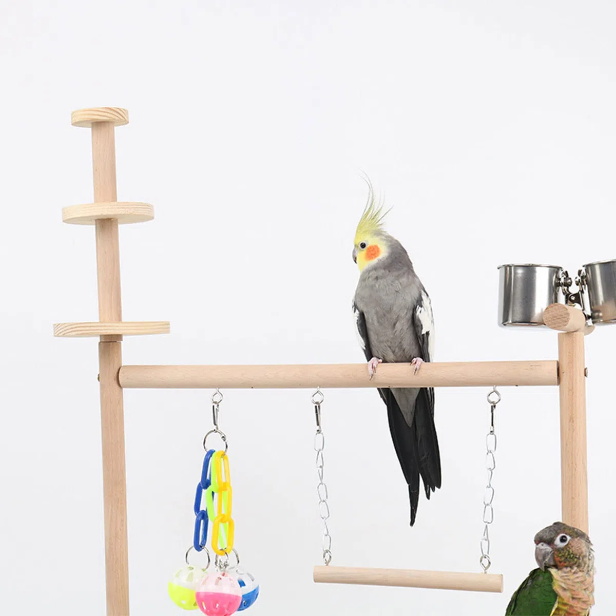 Sitzstangenständer für Vögel, Papageien, Spielständer mit Tablett aus Edelstahl, Futternäpfe, Leiterschaukel, Kauspielzeug aus Kunststoff für Vögel, Vogelspielplatz, Sitzstangenständer aus Naturholz