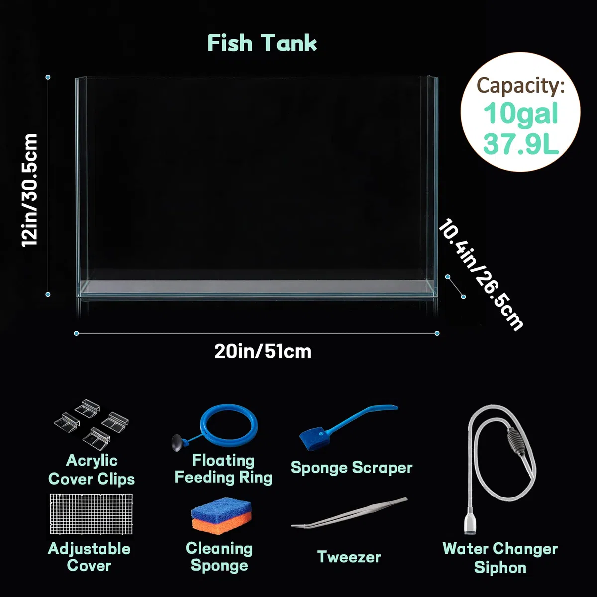LAQUAL Aquarium, 30,5 l, ultraklares Glas, randlos, eisenarm, für Betta/Nano/Goldfisch/Schnecke/Garnelen, großes Aquarium, Abdeckungs-Set, Futterring und Reinigungswerkzeuge