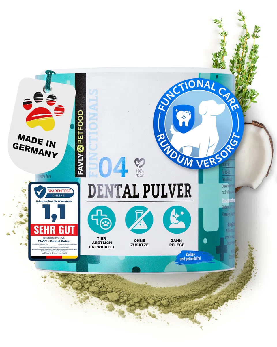 FAVLY – DENTAL Zahnpflege Pulver für Hunde 250g – Ergänzungsfuttermittel Zahnpulver Topping Hund gegen Maulgeruch & Zahnbelag – mit Bio-Chlorella & Salbei – ohne Getreide & Zusätze