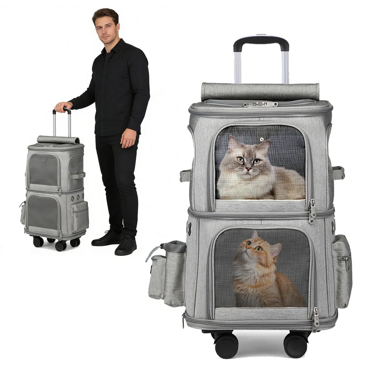 PETCUTE Großer Katzentransportbox für 2 Katzen bis 10kg, Katzenrucksack Hunderucksack mit Abnehmbare Rollen, Faltbar Transportboxen für kleine Hunde mit Innerem Sicherheitsgurt,perfekt für Reisen