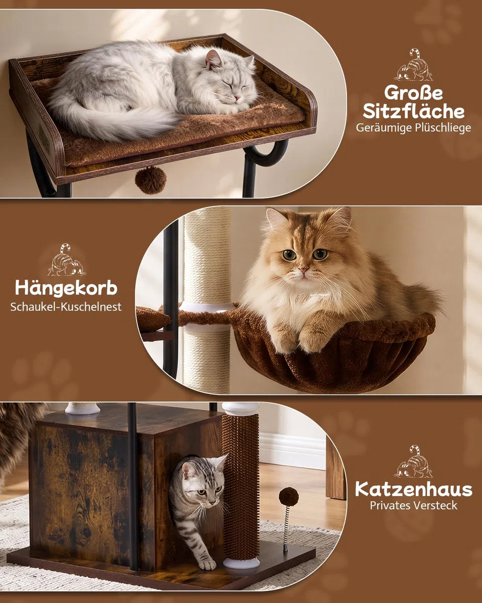 FourFurPets 188 cm Kratzbaum für große Katzen, stabiler Katzenbaum aus Holz mit Sisalstämmen, Katzenkratzbaum mit 4 Liegeplätzen, Massage-Bürste & Korb für große Katzen, hoher Kratzbaum (Rustic Brown)