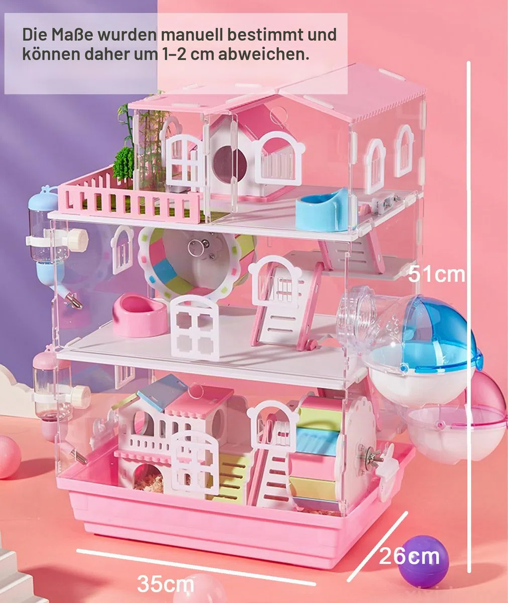 Hamsterkäfig für Hamster Zwerghamster Syrian Habitate für Kleintiere 3 Ebenen Hamsterkäfig aus Acryl komplett transparent mit Spielzeugsets (3 Schichten) ((Pink)