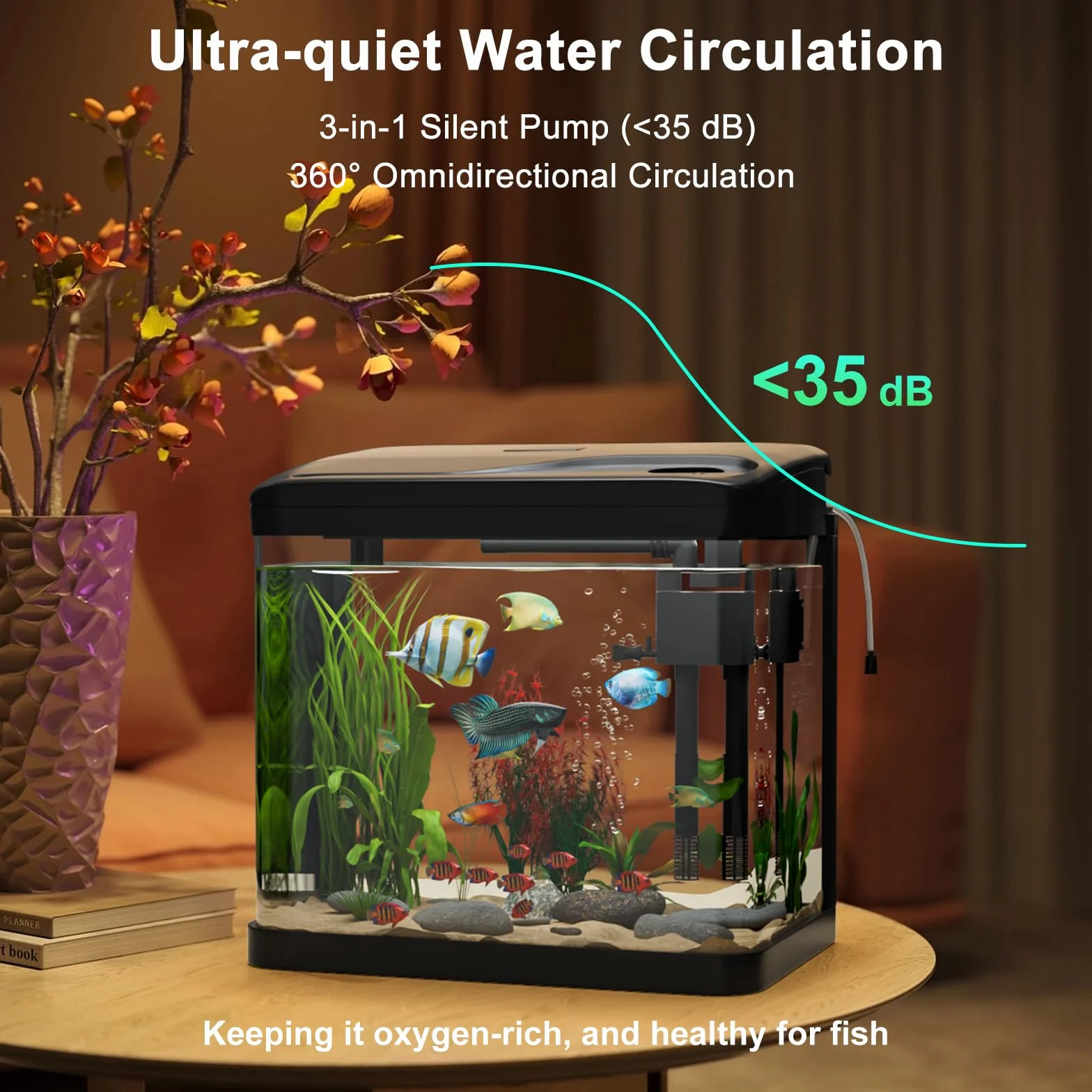 Aquarium Komplettset, Ambesty 15L Nano Aquarium Stabiles Einsteigerbecken mit LED-Beleuchtung und Eingebautem Filtersystem,4-in-1 Smart Aquariums für Fisch, Aquariu Becken stoßfest,Schwarz