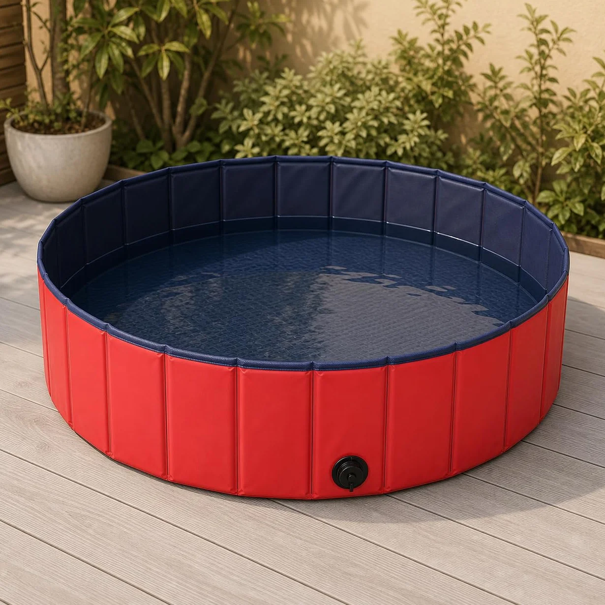 lionto Hundepool faltbar aus kratzfestem PVC-Material, Ø 160 cm, Höhe 30 cm, Anti-Rutsch-Belag & Abflussstopfen für schnelle Entleerung, Keine Pumpe benötigt, robuster Kinderpool, blau/rot