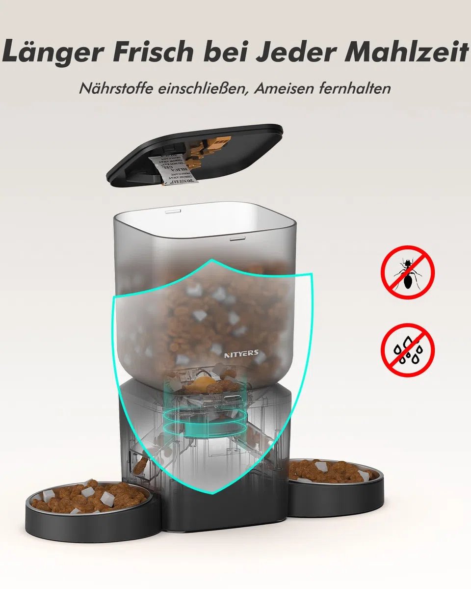 Futterautomat Katze 2 Näpfe für Katzen & Hunde, mit 2 Edelstahlnäpfen | 8L katzenfutterautomat, 2-18mm Trockenfutter, bis zu 50 Portionen 6 Mahlzeiten pro Tag, 10s Sprachaufzeichnung, Frischhaltung